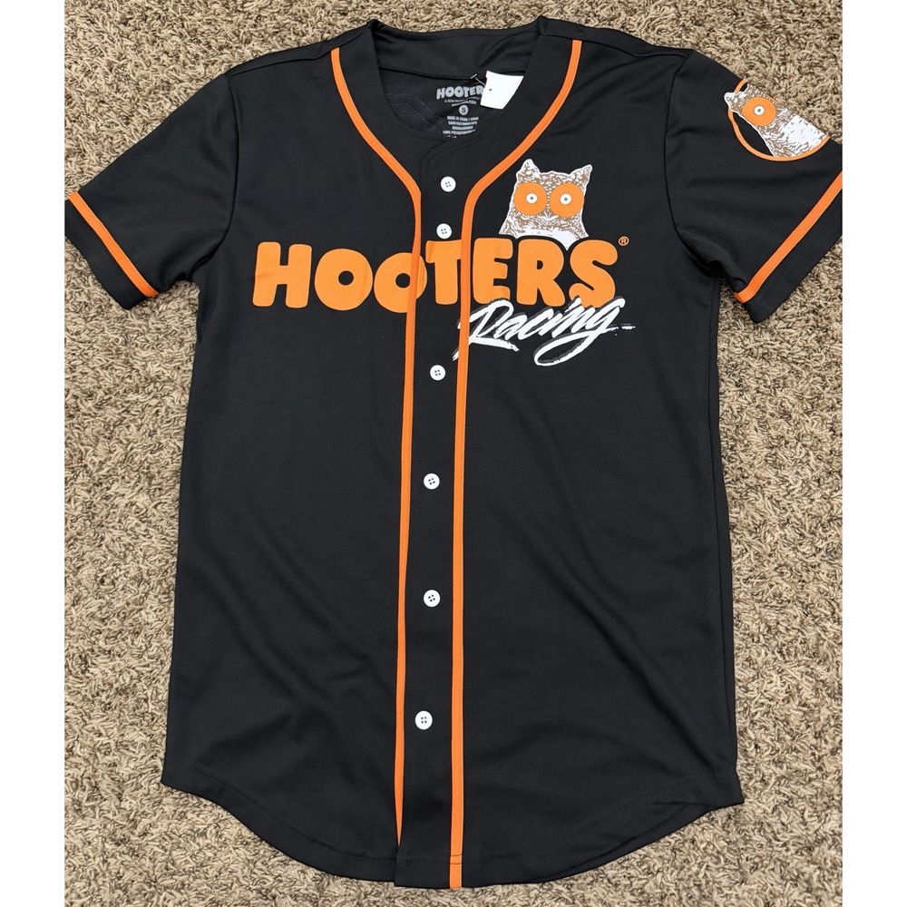 Hooters Racing Baseball Jersey Black Orange Button Up Shirt 00 Owl Logo Sz Small